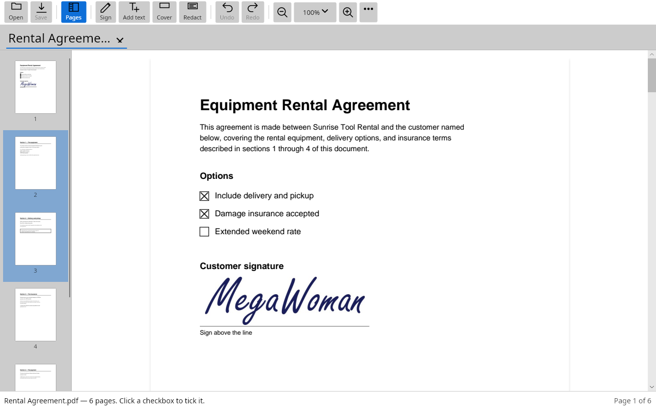 MegaPDF on Linux, showing the rental agreement with two checked boxes and a signature, beside a strip of page thumbnails with two pages picked out