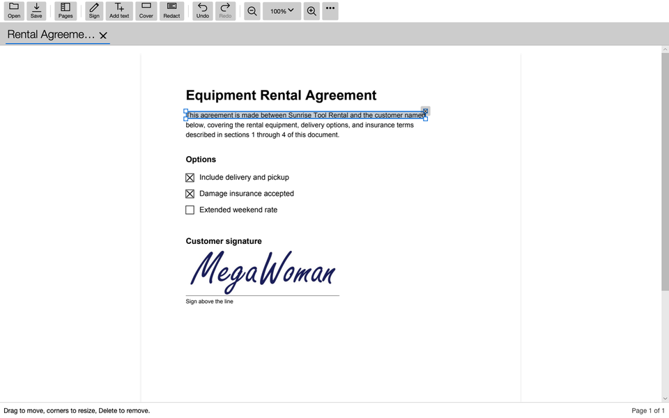 MegaPDF on a Mac: a single row of tools, the rental agreement open in a tab, and its first line marked for redaction — the mark selected, with the ✕ that removes it at its corner