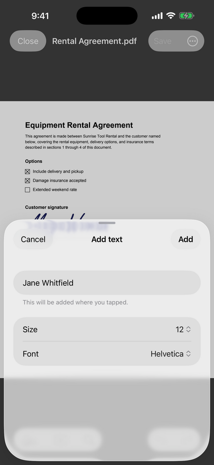 Typing a name onto a rental agreement, with size and font pickers below the text field