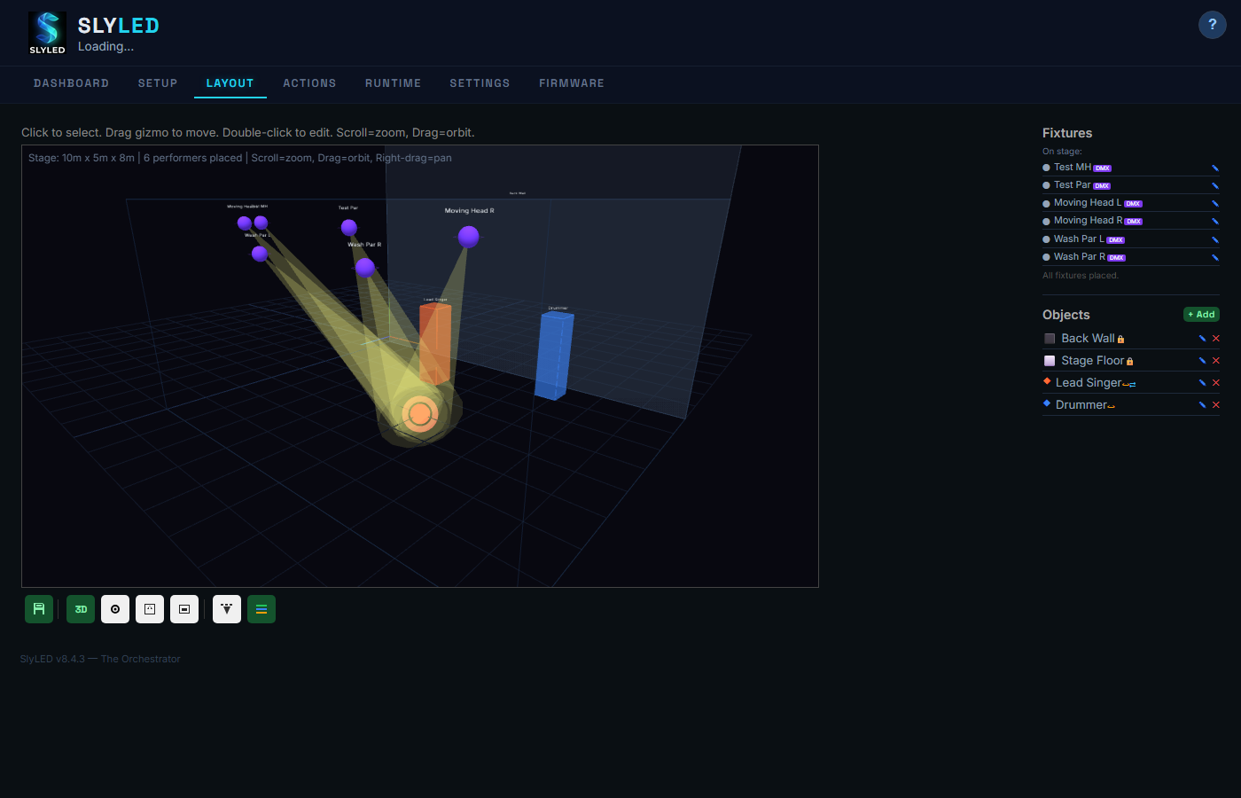 3D viewport with beam cones and spatial effects