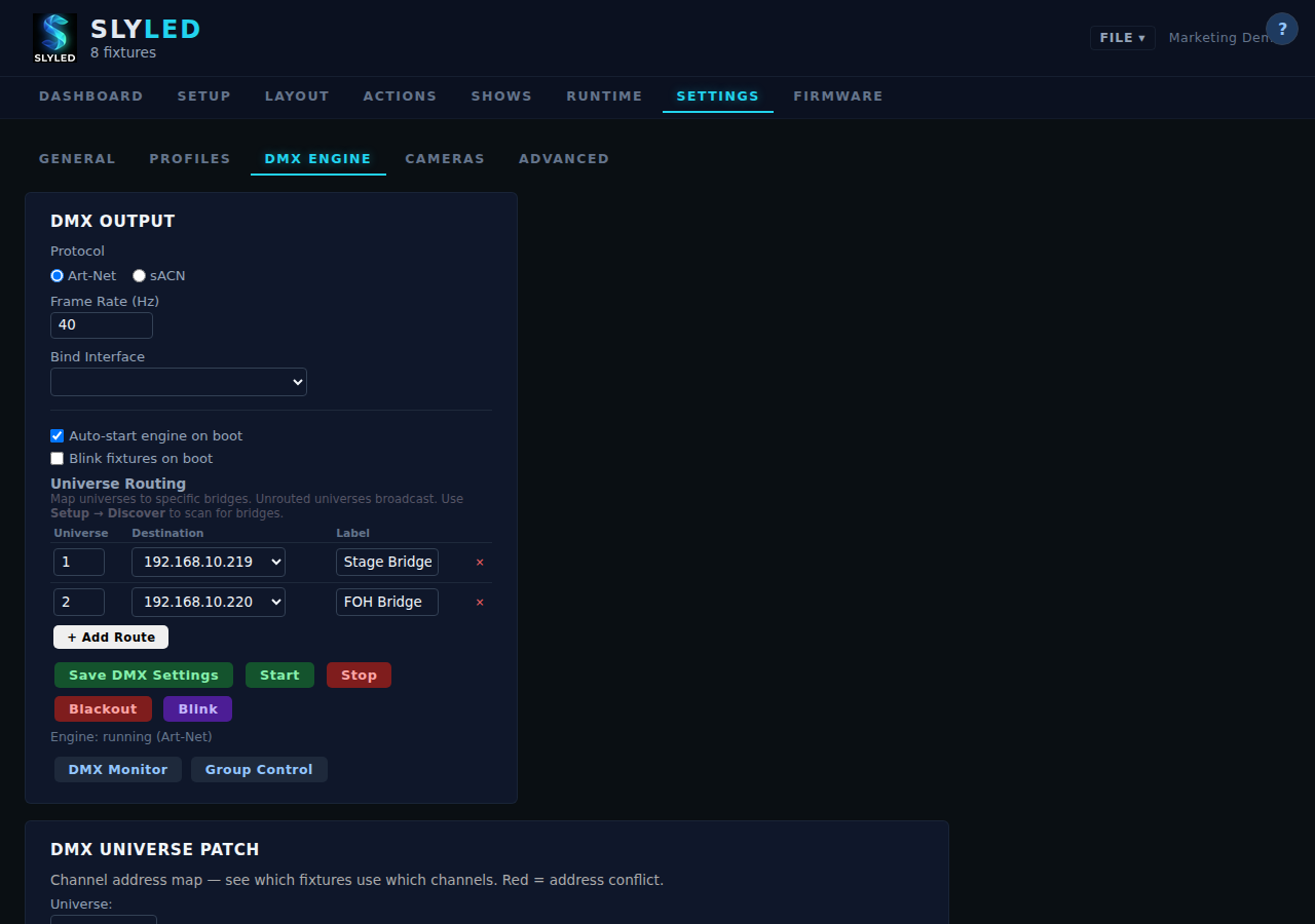 Settings → DMX Engine: Art-Net enabled with universe routing