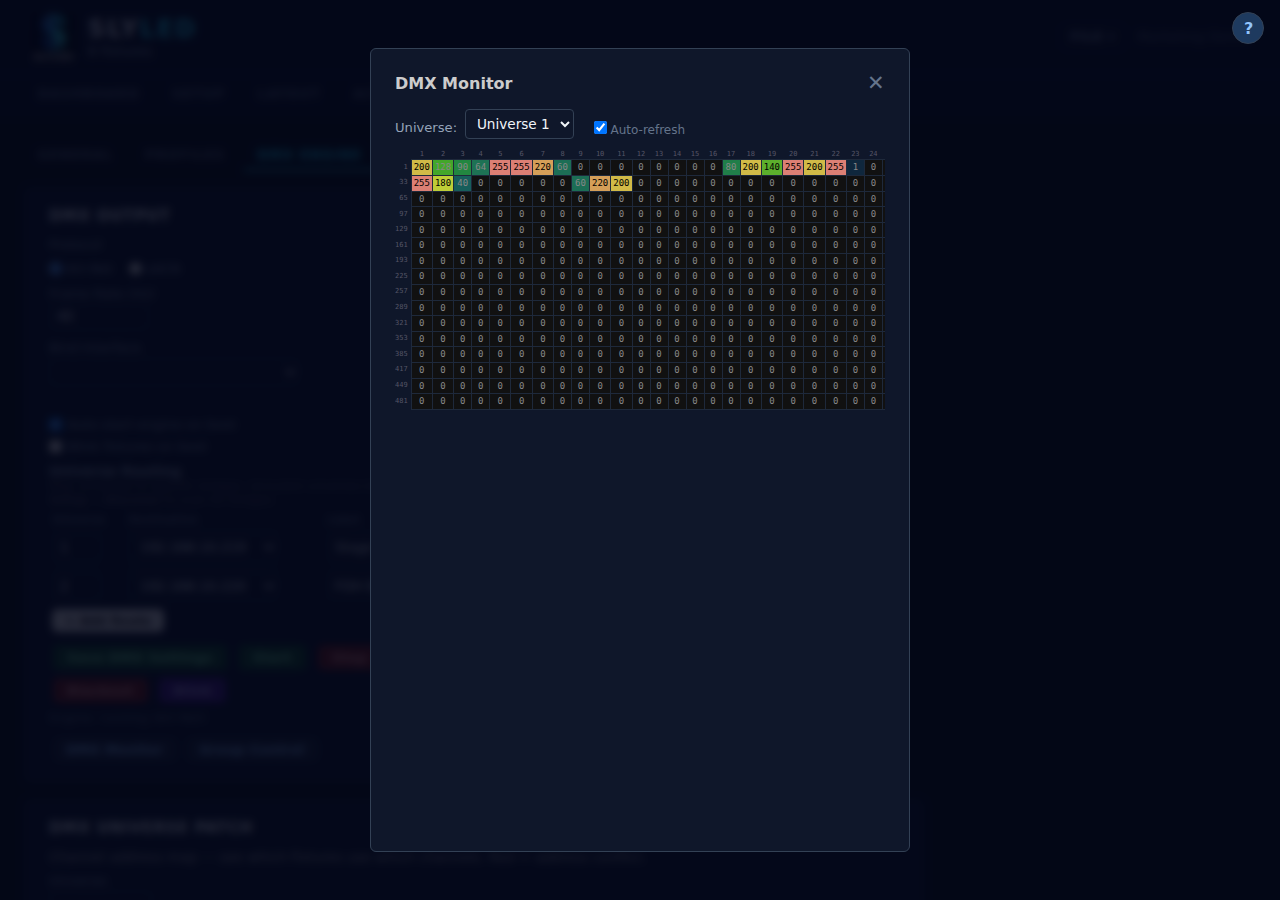 Live 512-channel DMX monitor in the Settings tab