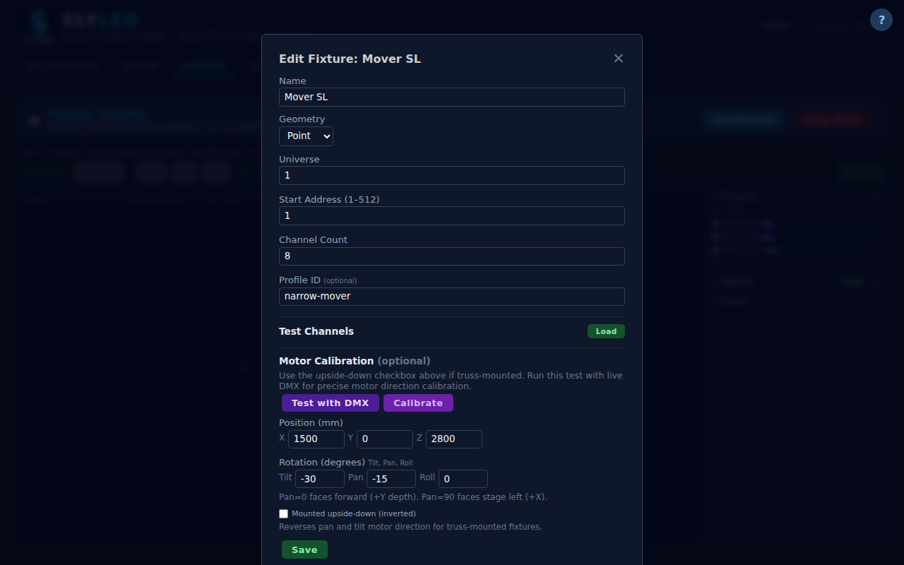 Mover calibration panel with fixture settings