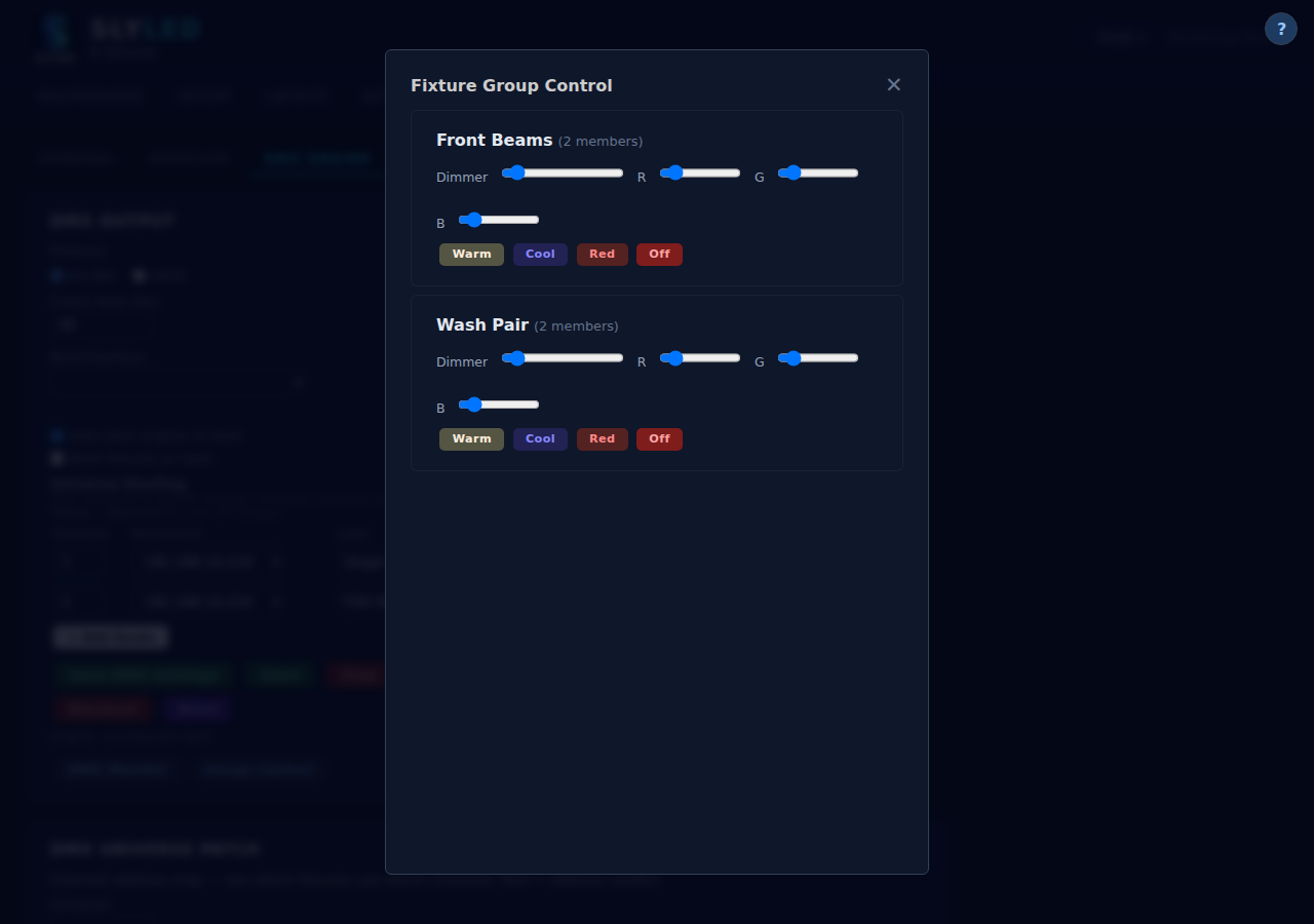 Group control panel: named groups with per-group brightness and action controls