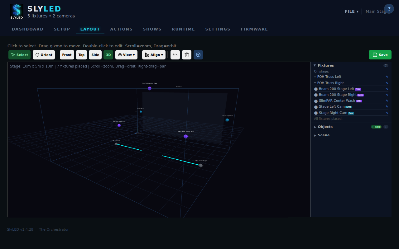 3D Stage Layout with beam cones and objects
