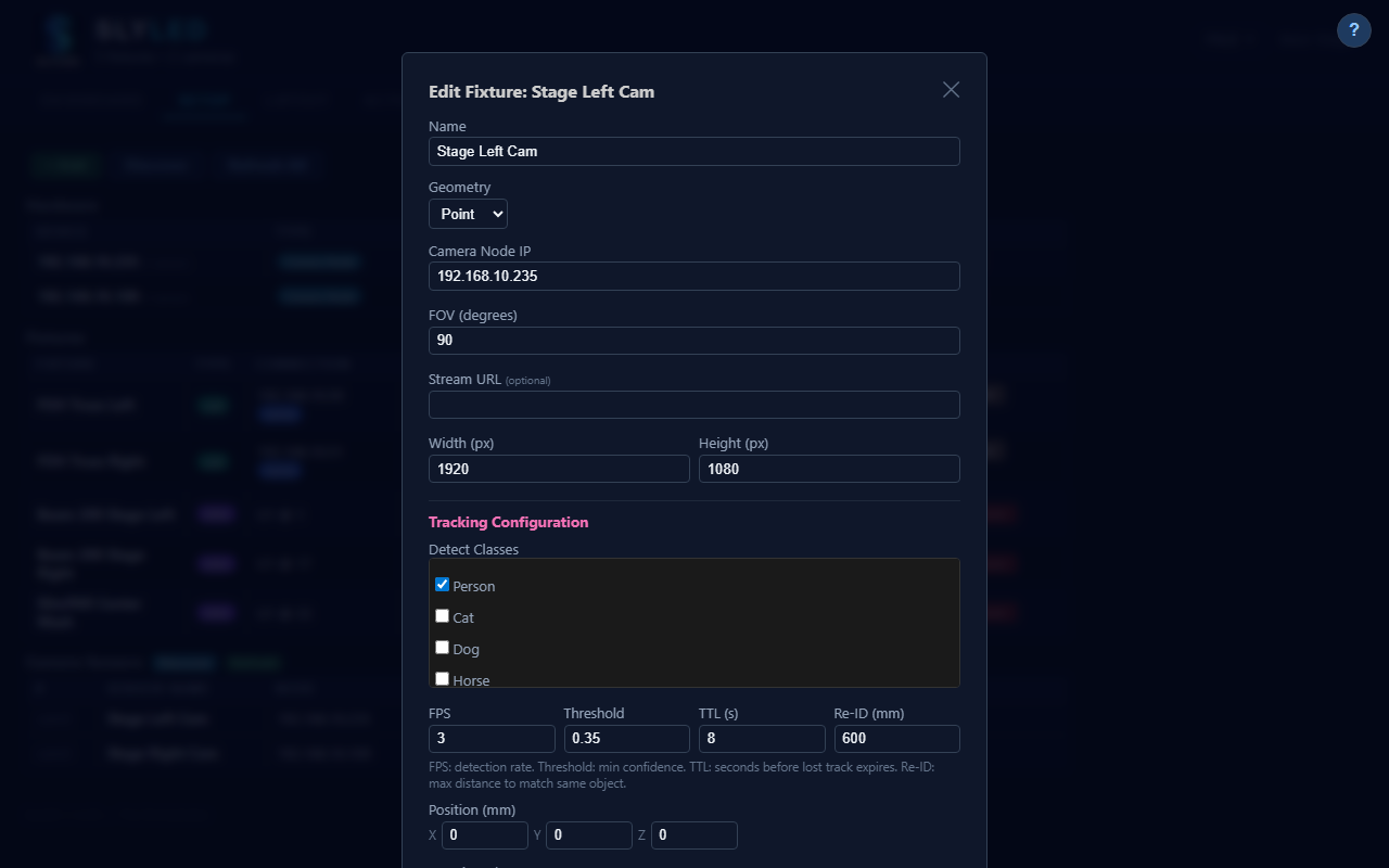 Camera fixture edit with tracking configuration