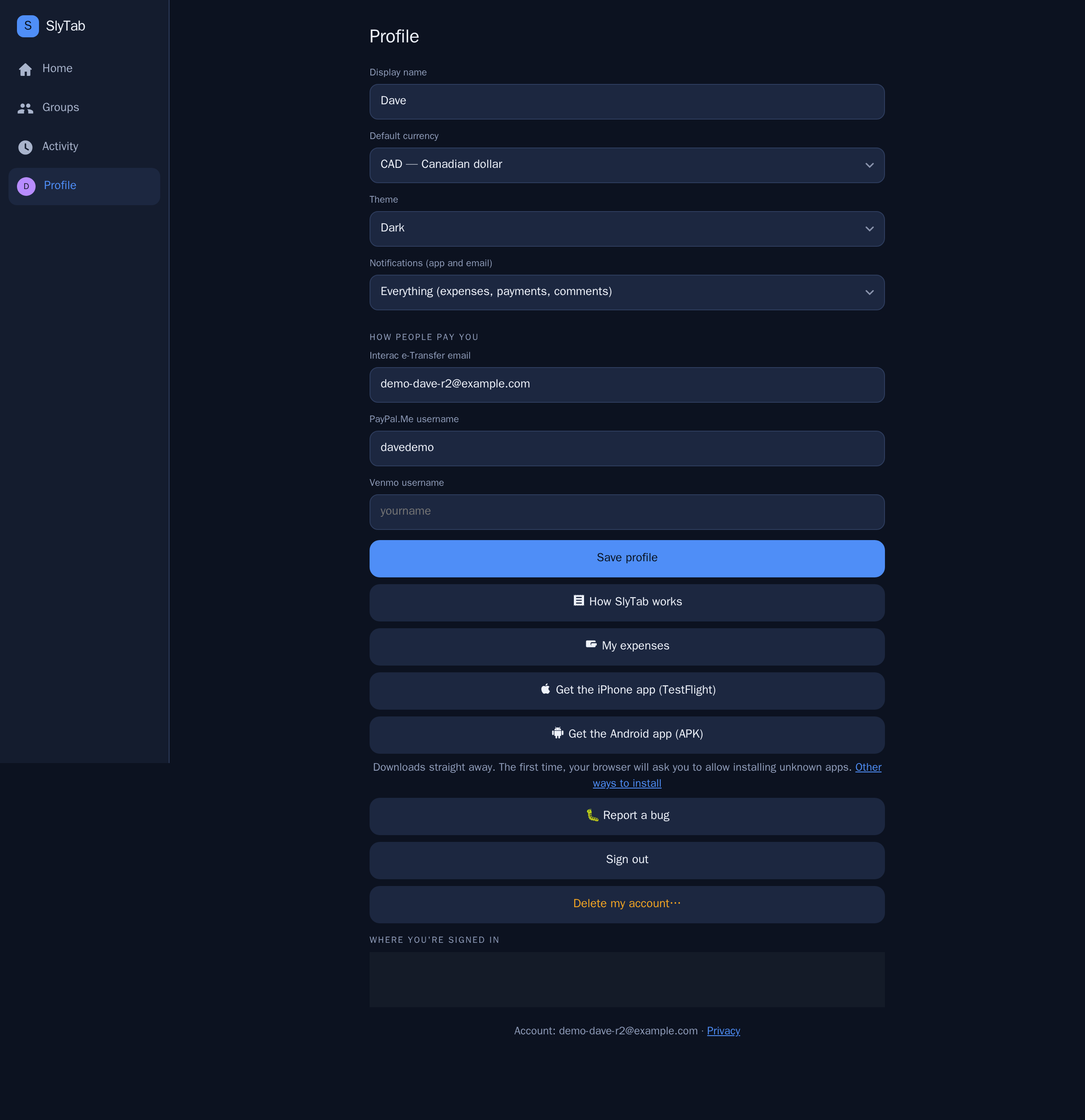 Profile and settings