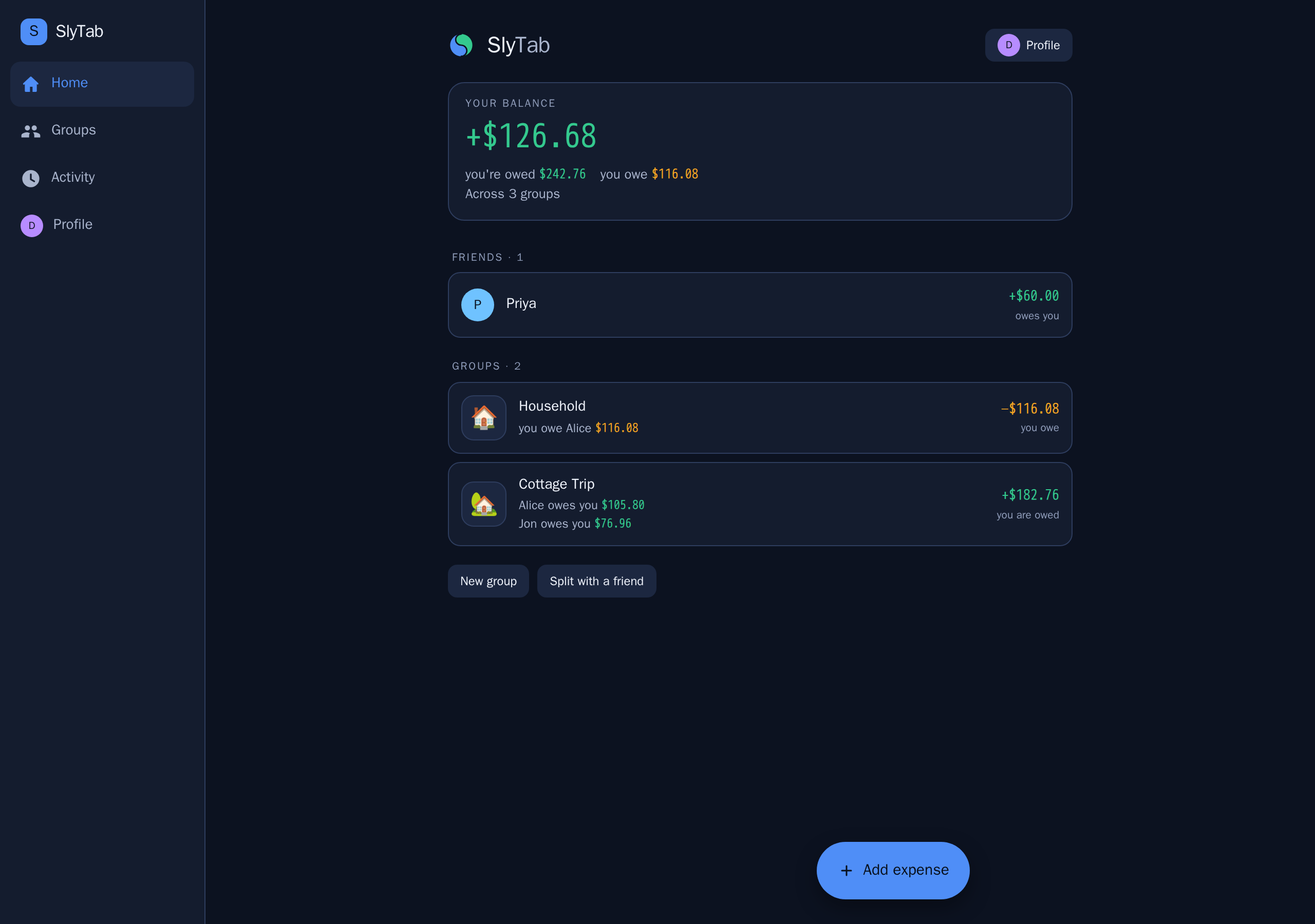 SlyTab showing what you are owed and what you owe across every group